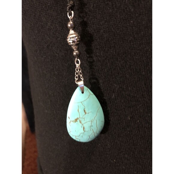 Teardrop Turquoise Lariat necklace with glass and stone beads Silk & Silver Tone - Picture 9 of 12